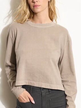 Rowan Reagan Boyfriemd Cropped Long-Sleeve Crewneck Tee in Taupe New without Tag